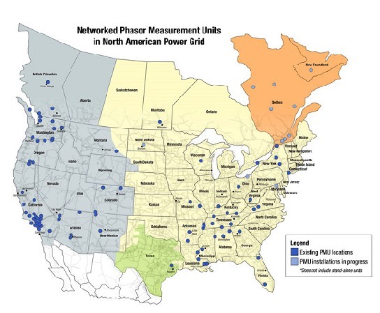 北美電網(wǎng)中已聯(lián)網(wǎng)的相位測量設(shè)備
